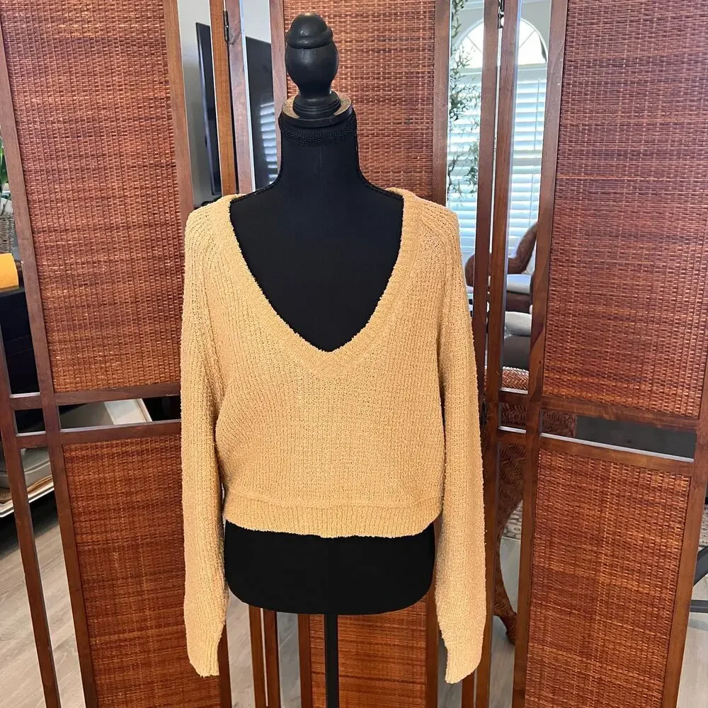 Free People Sweater Womens Size XS Camel Brown V Neck Knit Cropped Pullover - Picture 15 of 16